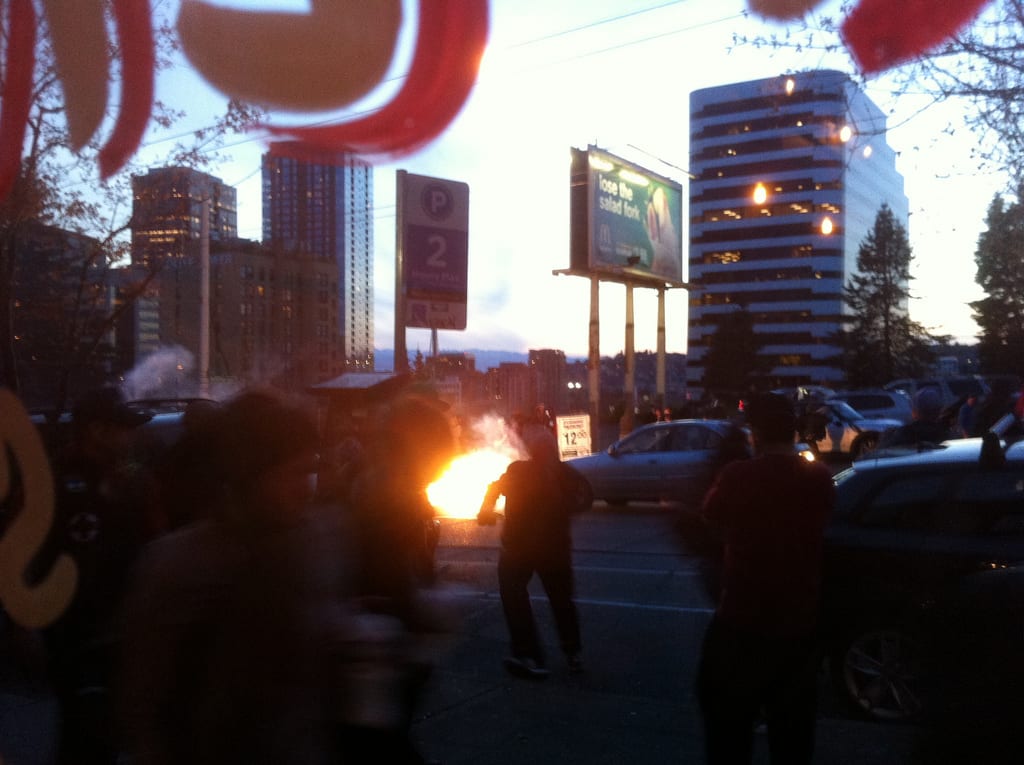 A "flash ball" detonated on Pine as police pushed May Day protesters back to Capitol Hill. Thanks to Jen for the image.