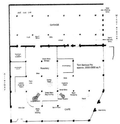 A diagram rendering of the planned roasting facility inside a former Volvo dealership and art supply store