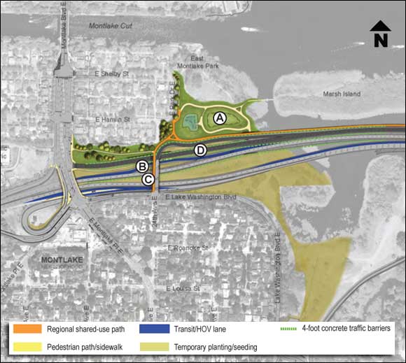 Key landmarks: A. New stormwater treatment facility B. Relocated Montlake freeway transit stop C. New 24th Avenue East off-ramp and shared-use path D. Two westbound lanes to Montlake Boulevard