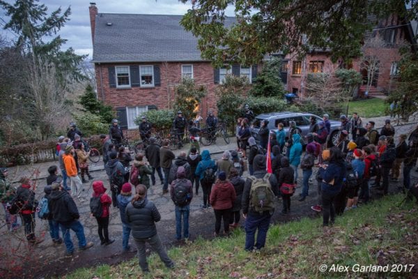 Protesters said they were targeting the home of the family member who heads the Midtown Center partnership as Madrona got an unusual influx of activists Saturday night